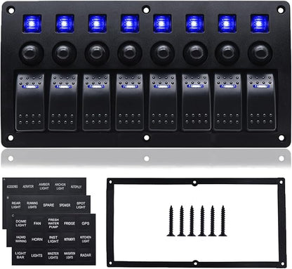 8 Gang Marine Switch Panel, Boat Rocker Switch Panel Waterproof, 12V Aluminum Switch Panel, Marine Toggle Switches ON/Off with Circuit Breaker 5A 10A 15A for Car RV Truck (Blue)