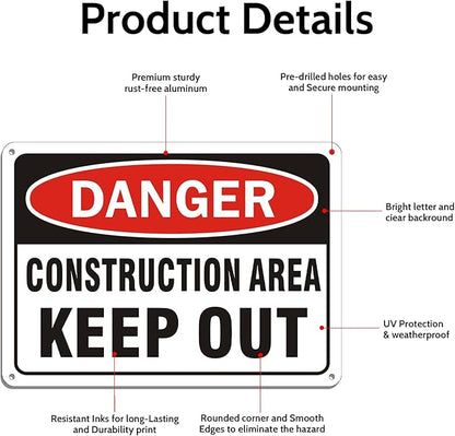 2 Pack "Danger - Construction Area, Keep Out" Sign, 10"x 7" Rust Free Reflective Aluminum Metal Sign, Fade Resistant, Waterproof, Easy to Mount ﻿