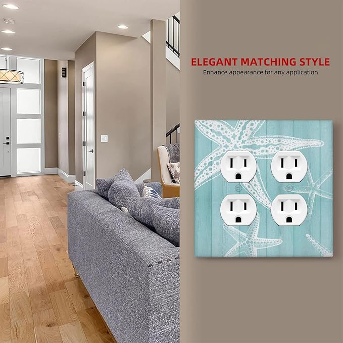 Decorative Outlet Covers Starfish Teal Wood Board Nautical 2 Gang Light Switch Cover Plate Double Duplex Wall Plates for Electrical Outlets Switch Plate Covers for Bedroom Home Decor