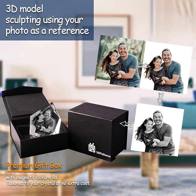 3Dpixdance 3D Crystal Photo (Large, Portrait), Christmas Personalized Gift, Personalized Gifts with Your Photo for Dad,Mom, Wife, Husband, Engraved 3D Crystal Picture, Customized Gift for Christmas, Birthday, Wedding, Anniversary, Memorial, Father’s Da...
