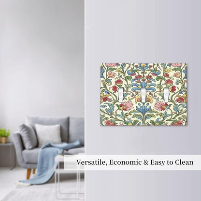 Decorative Switch Plates Boho Red Floral Morris Plant Leaves 3 Gang Wall Plate Triple Toggle Light Switch Cover Faceplate Electrical Wall Panels For Farmhouse Cabin Decor