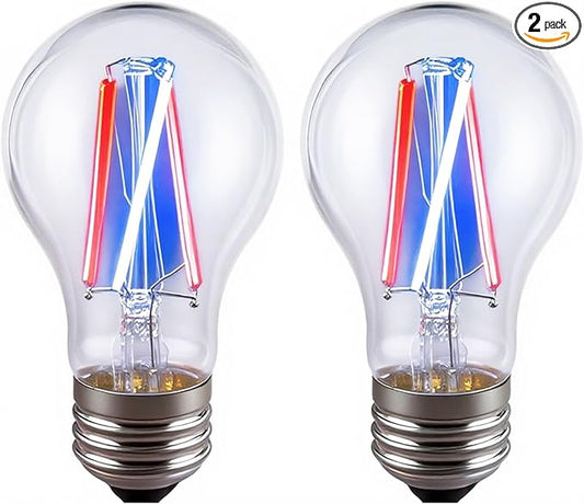 3 Color Temperature LED Bulb E26 Medium Base 60W Equivalent, Red and Blue Color Changing Light Bulb 3CCT A19 LED 6W Clear Glass, Not Dimmable, 2 Pack