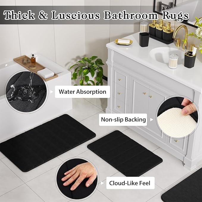 Bathroom Sets with Shower Curtain and Rugs, 27PC Bathroom Accessory Set, Black Bathroom Set, Black and Gold Bathroom Accessories Set with Trash Can, Toilet Brush and Soap Dispensers
