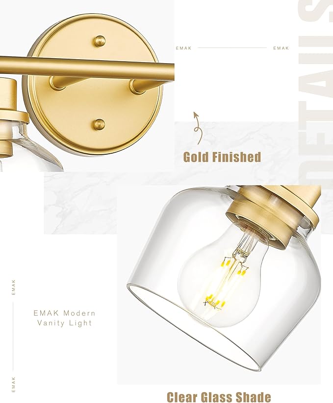 Emak Gold Bathroom Light Fixtures Over Mirror, 2-Light Bathroom Vanity Light with Clear Glass Shade, Modern Vanity Lights Wall Sconces for Bath, Makeup Desk, Mirror, VL122-GD-CG-2