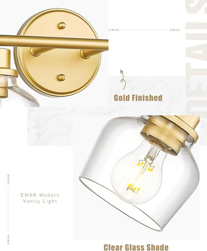 Emak Gold Bathroom Light Fixtures Over Mirror, 2-Light Bathroom Vanity Light with Clear Glass Shade, Modern Vanity Lights Wall Sconces for Bath, Makeup Desk, Mirror, VL122-GD-CG-2