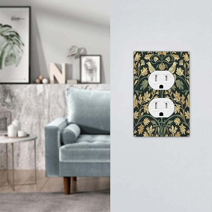 Outlet Covers William Morris Vintage Botanical Birds Golden Green Leaves 1 Gang Duplex Wall Plate Decorative Switch Plates Electrical Receptacle Faceplate Light Switch Cover for Bedroom