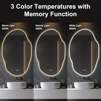 Asymmetrical LED Bathroom Mirror with Lights,Irregular Led Bathroom Vanity Mirror for Wall with Backlit, Anti Fog, 3 Colors and Dimmable Light,[Horizontal/Vertical] 48" H x 30" W