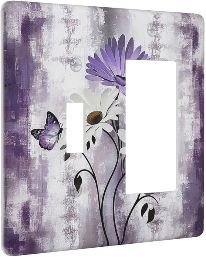 Purple Daisy White Floral Butterfly Flowers 2 Gang Combo 1 Toggle 1 Rcoker Light Switch Covers Decorative Switch Plates Electrical Switch Plates and Outlet Covers for Home Art Decor 4.5 X 4.5 IN
