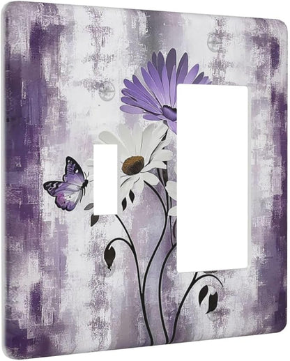 Purple Daisy White Floral Butterfly Flowers 2 Gang Combo 1 Toggle 1 Rcoker Light Switch Covers Decorative Switch Plates Electrical Switch Plates and Outlet Covers for Home Art Decor 4.5 X 4.5 IN