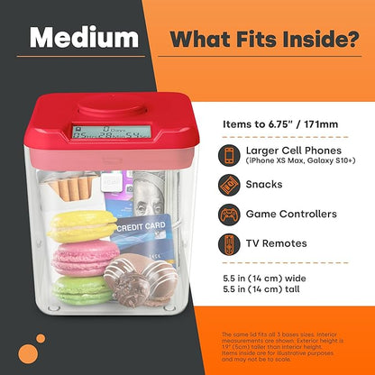 kSafe Time Locking Container Medium – Phone Lock Box, Snack Safe, Self-Control Timer Box, BPA-Free Plastic, No Overrides, 5.5” W x 5.5” H, White Lid, Clear Base