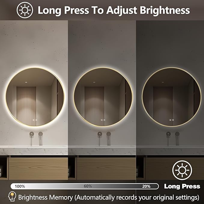Niccy Round Led Mirror for Bathroom, 28" Backlit Mirrors for Wall Circle Lighted Mirror with Old Gold Frame Anti-Fog, 3 Colors, HD Glass and IP65 Waterproof