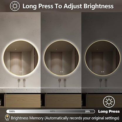 Niccy Round Led Mirror for Bathroom, 28" Backlit Mirrors for Wall Circle Lighted Mirror with Old Gold Frame Anti-Fog, 3 Colors, HD Glass and IP65 Waterproof