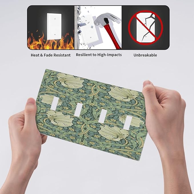 Light Switch Covers Vintage Floral Plant Sage Green William Morris Quad Toggle 4 Gang Wall Plate Electrical Faceplate Decorative Switch Plates for Bedroom Home Decor