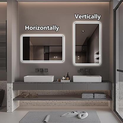 Niccy 20"x32" LED Bathroom Mirror, Rectangle Vanity Mirrors with Lights, Frontlit & Backlit Lighted Vanity Mirror, Memory Funtion, 3 Colors & Stepless Dimmable, Anti-Fog, Horizontal/Vertical