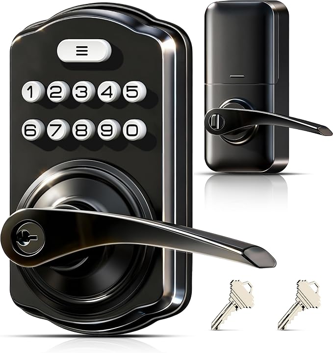 Veise Keypad Door Lock with Handle, Keyless Entry for Front Door & Bedroom, Electronic Lock with Code, Auto-Locking, Easy Installation, Passage Mode, Matte Black