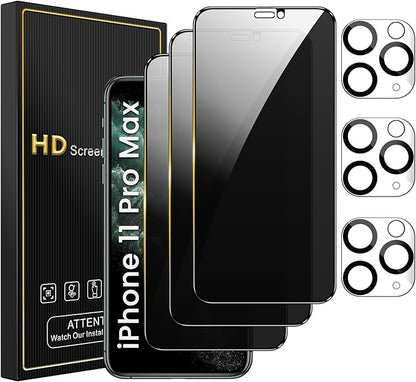 3 Pack Privacy Screen Protector for iPhone 11 Pro Max 6.5 Inch with 3 Pack Camera Lens Protector, Anti Spy Tempered Glass Film, Anti-Scratch, Touch Sensitive, Case Friendly