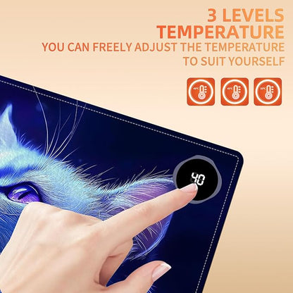 Heated Mouse Pad, Warm Desk Pad, Keyboard Mat 23.6 x 14 Inch Large Size Intelligent Fast Heating, 3 Speed Adjustable, Timed Auto Power Off for Game Office Home, Blue Cat Butterfly
