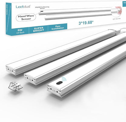 Hand Wave Under Cabinet LED Lighting Plug in, 20 Inch 3 Pcs Dimmable Linkable Ultra Thin Aluminum Alloy Housing, 4000K Natural White Motion Sensor Counter Lights for Kitchen, Shelf, Cupboard