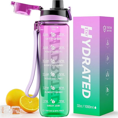 Water Bottle, 32 oz Motivational Water Bottles with Time Marker-Tritan & BPA Free, Sports Water Bottle with Time to Drink & Strap, Wide Mouth, Leakproof -Gift for Christmas Gym Fitness & Outdoor