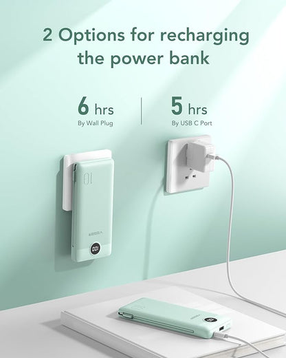 VEGER Portable Charger with Built-in AC Plug and Cables, All in One 10000mAh Ultra Slim Power Bank Travel Essentials, 15W Fast Charging Battery Pack Compatible with iPhone, Samsung, Android (Green)