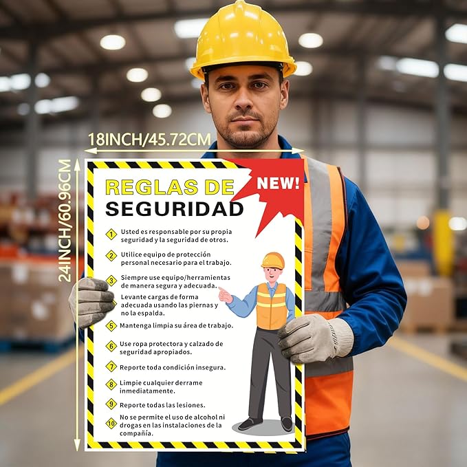 Spanish Workplace Safety Rules Poster 18" x 24" Industrial Safety Sign Security Poster for Employees Factories, Warehouses, Office Construction Sites Waterproof Tear Resistant