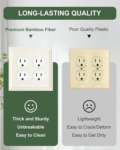2-Pack Double Duplex Outlet Cover, Natural Bamboo Fiber Switch Plates and Outlet Covers, Light Almond Decorative Wall Plates for Electrical Outlets, 2 Gang Receptacle Cover