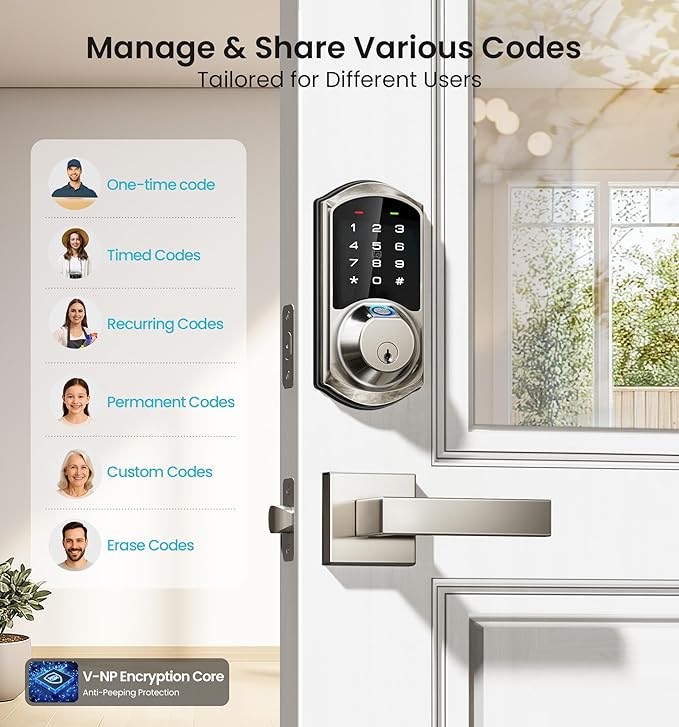 Veise VE07-L Fingerprint Smart Locks for Front Door with Zinc Alloy Handle Set, App Control, Keyless Entry, Electronic Digital Keypad Deadbolt, Auto Lock, Waterproof, Easy to Install, Satin Nickel