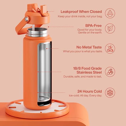 ENCOOL Insulated Water Bottle with Straw Stainless Steel Water Bottle, Leak-Proof, BPA-Free, Double Wall Vacuum Keeps Cold for 24 Hours for Sports, Travel, School (32 oz, Moderate Orange)