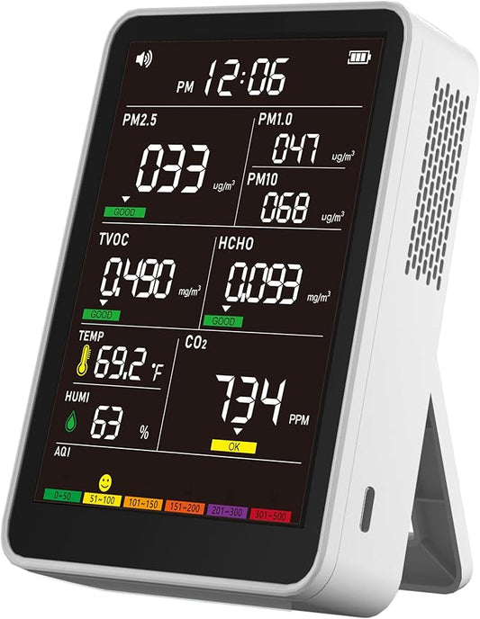 Professional Indoor Air Quality Monitor with AQI Beep Alarms, Portable Real-Time Detector for Home Cars Plants and Pets (White)