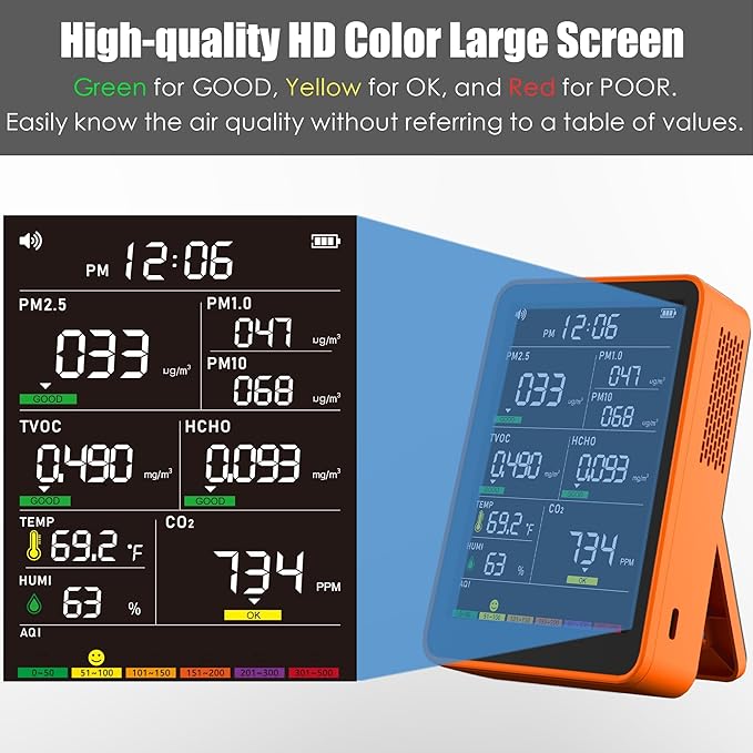 Professional Indoor Air Quality Monitor with AQI, Portable Real-Time Detector for Home Cars Plants and Pets (Orange)