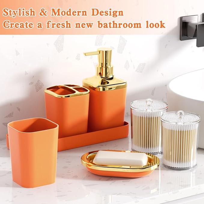 Bathroom Set - Orange and Gold Bathroom Accessories, Bathroom Sets with Shower Curtain and Rugs, Orange Shower Curtain Set with Bathroom Trash Can, Soap Dispenser, Soap Dish for Home Decor