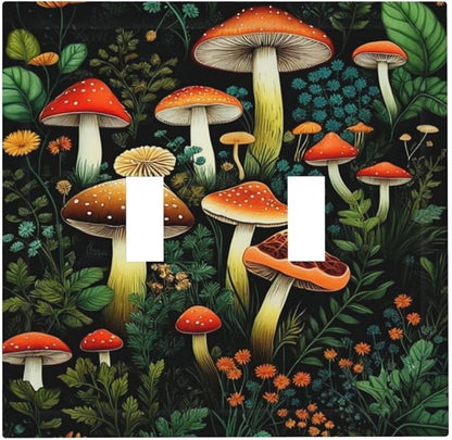 Decorative Light Switch Plate Covers Boho Red Mushroom Green Leaf Plants Floral 2 Gang Wall Plate Double Toggle Switch Cover Plate Electric Dual Device Electrical Faceplate