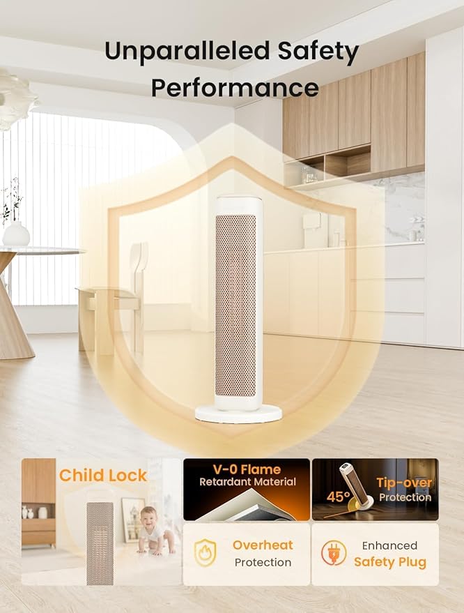25" Space Heaters For Indoor Use Large Room, Electric Heaters For Indoor Use with Thermostat, Oscillating Room Heaters with Timer, Remote Control, Overheat Protection Tower Heater for Bedroom (Beige)