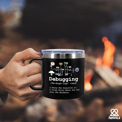Panvola Debugging Definition Computer Programmer Student Teacher Geek Coder Tech Support Programming IT Insulated Coffee Mug with Handle and Lid Camping Travel Thermal Mugs 14 oz Black