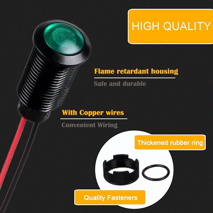 5pcs 12mm 12V-24V LED Indicator Light Plastic Black Signal Dot Lamp 12V-24V 1/2 inches Mounting Hole Size with 15cm/5.9in. Wire (Green LED)