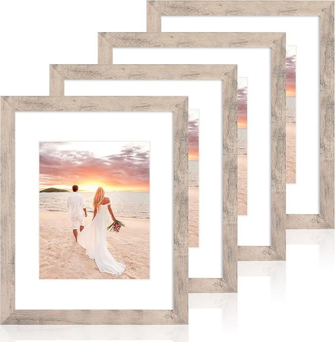 iRahmen 11x14 Picture Frame Set of 4 with Tempered Glass, Smoke Gray Frame Display 8x10 Pictures with Mat or 11 x 14 Without Mat, Wood Rustic Photo Frames for Horizontal or Vertical Wall Mounting