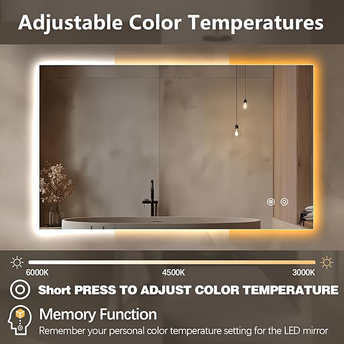 Niccy Led Mirror for Bathroom, 40"x24" Frameless Backlit Mirror for Wall Lighted Mirror with Bedroom 3 Color, Defogger, Explosion-Proof, HD Glass and IP65 Vanity Mirror Horizontal or Vertical