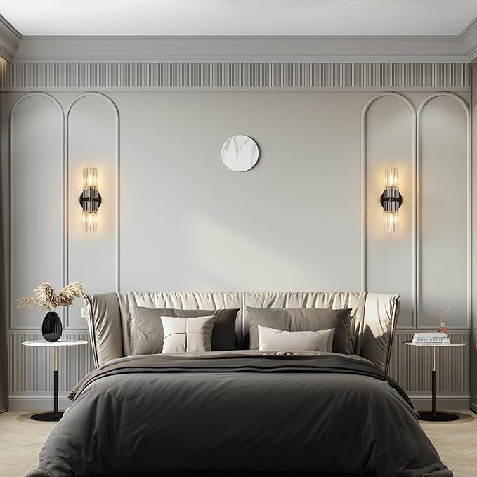 Modern Black Wall Sconces Set of Two Bedroom Crystal Wall Sconces Indoor Sconces Wall Lighting Living Room Sconces with K9 Crystal Lampshade for Bathroom Hallway Entryway Stairway