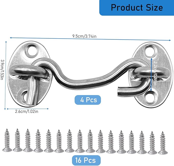 4-Pack 3Inch Door Lock Gate Latch Premium Stainless Steel Hook and Eye Gate Latch Cabin Hook with 16pcs Screws, Silver