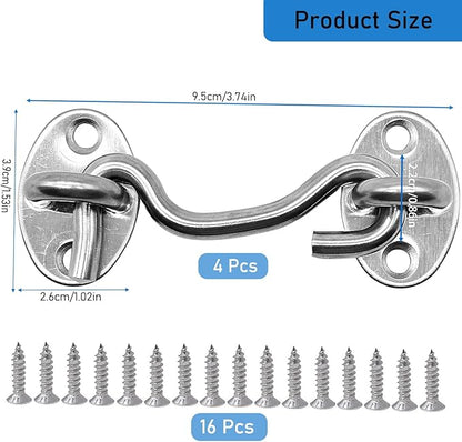 4-Pack 3Inch Door Lock Gate Latch Premium Stainless Steel Hook and Eye Gate Latch Cabin Hook with 16pcs Screws, Silver