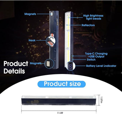 LETOUR Magnetic Light BAR, 11.81-inches 5000mAh 6000 Lumens Rechargeable Portable Lamp Built in 165 LED Bulbs,with Handy Hook with 2 Magnets Endurance