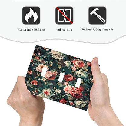Decorative Switch Plates Baroque Vintage Peony Flower Floral 3 Gang Wall Plate Triple Toggle Light Switch Cover Faceplate Electrical Wall Panels for Bedroom Farmhouse Decor