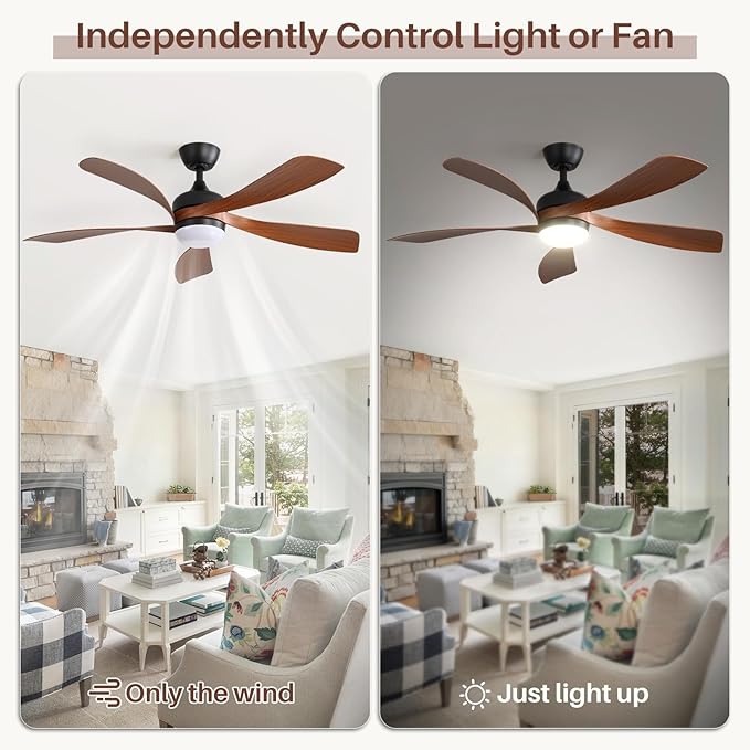 Sofucor 52 Inch Ceiling Fans with Lights and Remote, Outdoor Ceiling Fan with Light 6-Speed 3 CCT 3-Timer, Low Profile Ceiling Fan 5 Blade Reversible DC Motor for Living Room Bedroom Patio