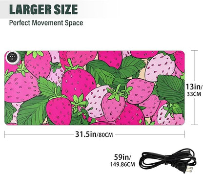 Heated Desk Pad Mouse Pad 31.5x13 Inch PU Leather Desk Mat with 3 Heat Levels Large Mouse Gaming Computer Laptop Mat Pink Cute Strawberries