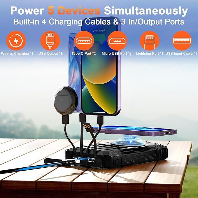 WONGKUO Solar Charger Power Bank - 49800mAh Solar Phone Charger with USB-C in/Output, QC 3.0 Fast Charging with LED Flashlight, Built-in 4 Cables, IP65 Waterproof Fits for Outdoor (Flash Black)