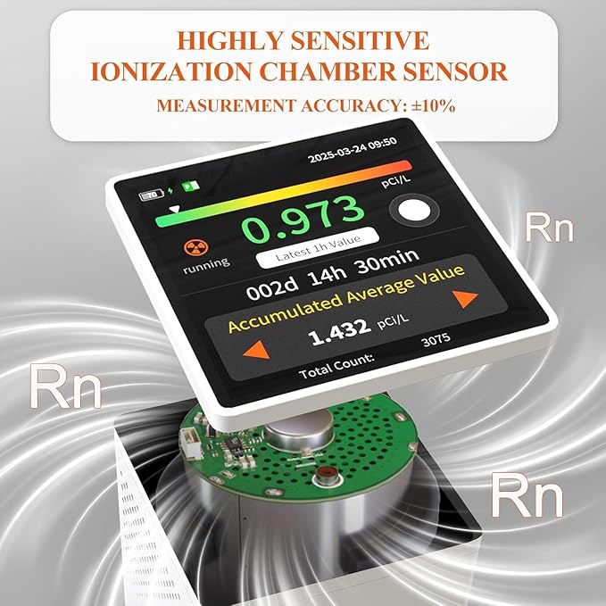 RM-73 Radon Detector, Home Radon Monitor with Touchscreen LCD Color Display, Radon Detector for Home Basement Audible & Visual Alarms, Historical Records, Long Term Monitoring Detector, pCi/L or Bq/m³