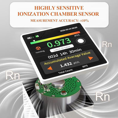 RM-73 Radon Detector, Home Radon Monitor with Touchscreen LCD Color Display, Radon Detector for Home Basement Audible & Visual Alarms, Historical Records, Long Term Monitoring Detector, pCi/L or Bq/m³
