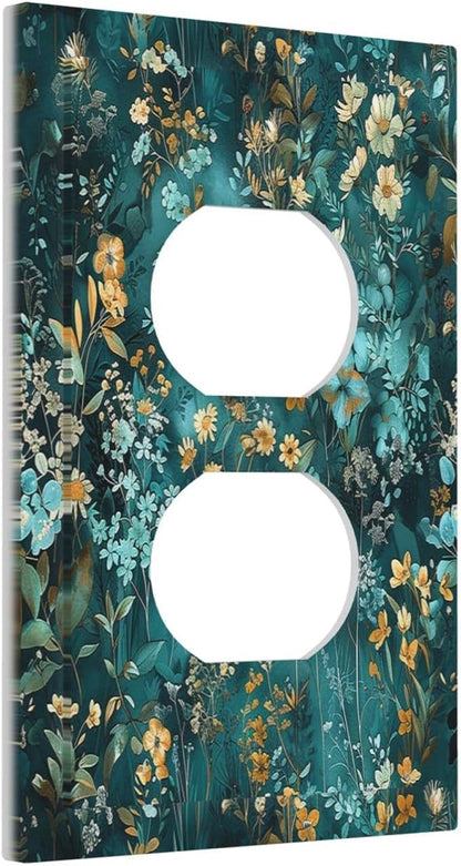Outlet Covers Green Leaf Floral Boho Golden Flower Plant 1 Gang Duplex Light Switch Cover Decorative Switch Plates Electrical Receptacle Faceplate Wall Plate For Bed Room Cabin Decor