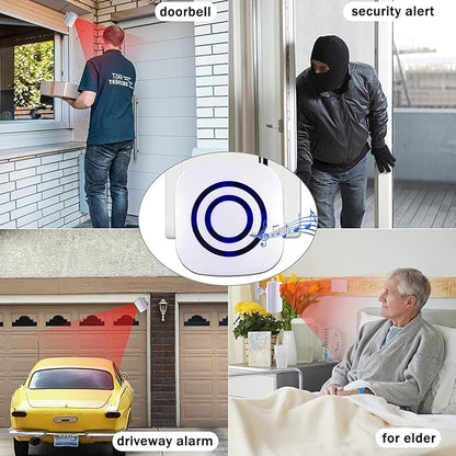 Motion Sensor Alarm, Long Range Wireless Driveway Alarm, Indoor Home Security System Electric Doorbells, 4 Motion Detector and 2 Alarm, 38 Chime Tunes, LED Indicator