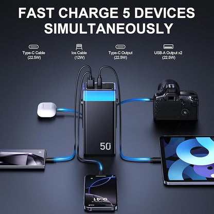 Portable Charger Power Bank 50000mAh Battery Pack, 22.5W Fast Charging PowerBank with Built in Cables,High Capacity Portable Charger Power Bank for iPhone, Samsung, Galaxy, Camping Outdoor